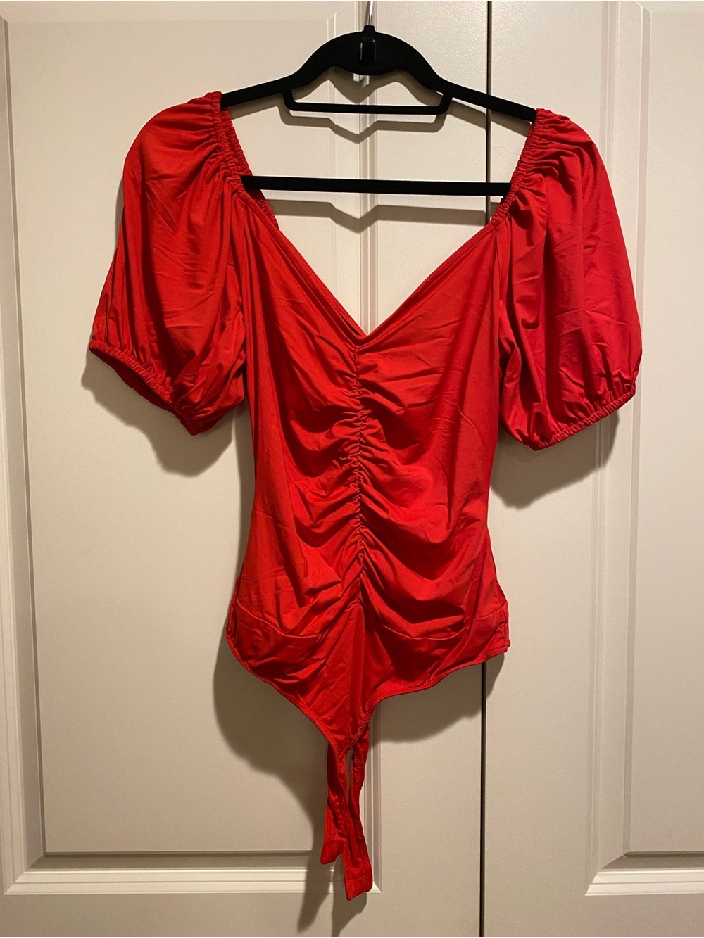 Lulus Red Ruched Puff Sleeve Bodysuit